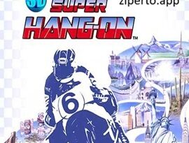 3D Super Hang-On gameplay featuring a high-speed motorcycle race, Sega arcade tracks, 3D effects, sharp turns and classic racing action.