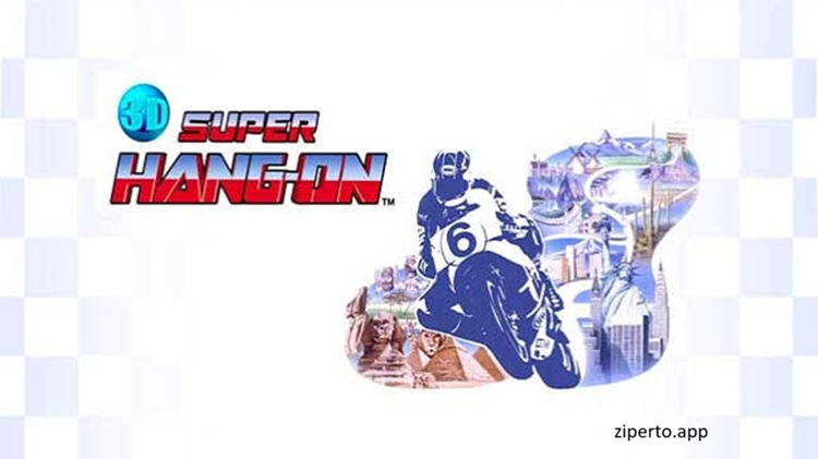 3D Super Hang-On gameplay featuring a high-speed motorcycle race, Sega arcade tracks, 3D effects, sharp turns and classic racing action.