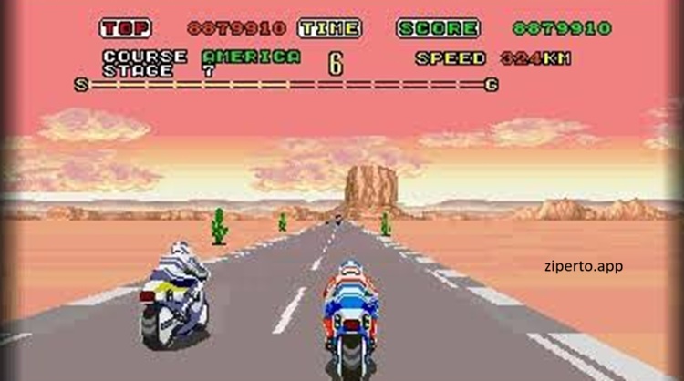 3D Super Hang-On gameplay featuring a high-speed motorcycle race, Sega arcade tracks, 3D effects, sharp turns and classic racing action.