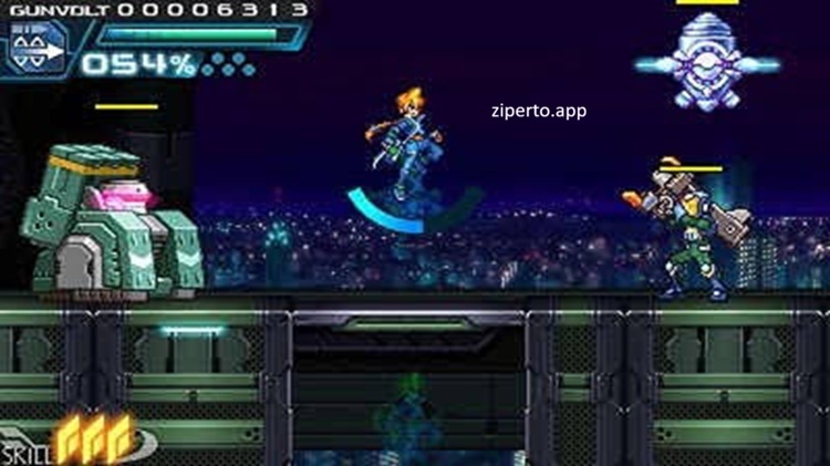 Azure Striker Gunvolt gameplay featuring a lightning-powered hero battling enemies with electric attacks in a colorful 2D action platformer.