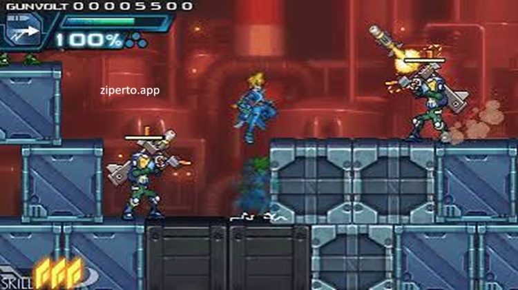 Azure Striker Gunvolt gameplay featuring a lightning-powered hero battling enemies with electric attacks in a colorful 2D action platformer.