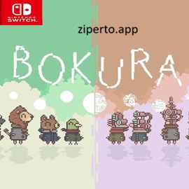 BOKURA gameplay showing two players solving cooperative puzzles with different perspectives in a pixel-art adventure.