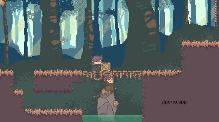 BOKURA gameplay showing two players solving cooperative puzzles with different perspectives in a pixel-art adventure.