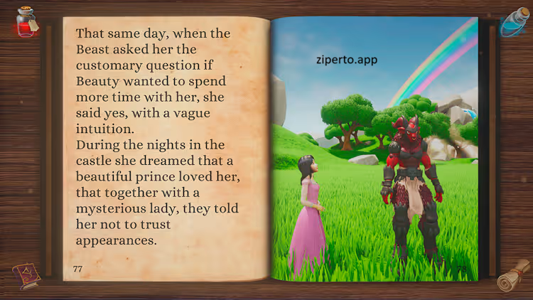 Beauty and The Beast: Interactive Book gameplay featuring interactive story pages, Belle, colorful illustrations, and family-friendly activities.