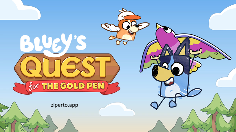 Bluey's Quest For The Gold Pen gameplay featuring Bluey exploring colorful locations, solving puzzles and enjoying family-friendly adventures.