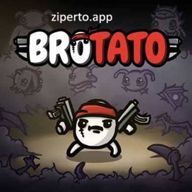 Brotato gameplay featuring a potato hero, multiple weapons, alien enemy waves, roguelite combat, pixel-art graphics and intense survival action.