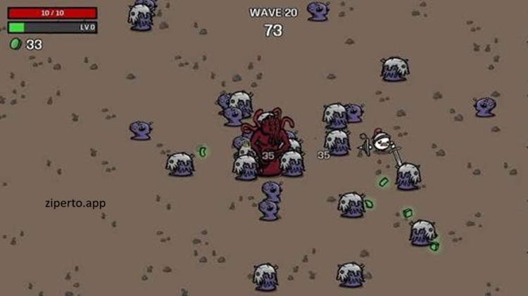 Brotato gameplay featuring a potato hero, multiple weapons, alien enemy waves, roguelite combat, pixel-art graphics and intense survival action.