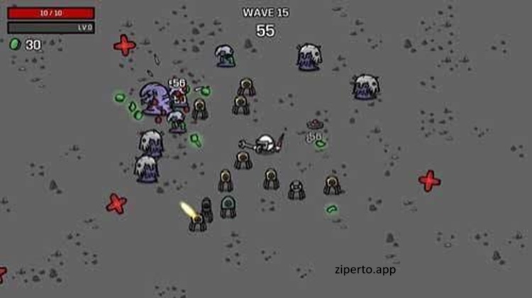 Brotato gameplay featuring a potato hero, multiple weapons, alien enemy waves, roguelite combat, pixel-art graphics and intense survival action.