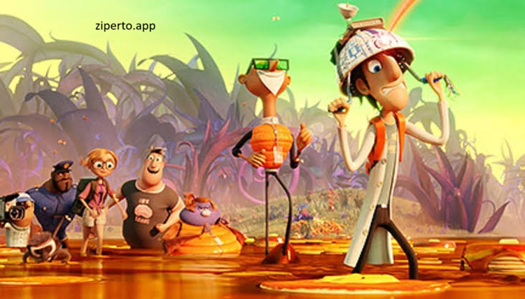 Cloudy with a Chance of Meatballs 2 gameplay featuring Flint Lockwood, food creatures, colorful exploration, and fun adventure action.