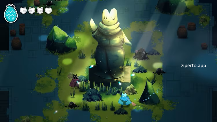 Crypt Custodian gameplay showing Pluto battling enemies with a magical broom, exploring colorful fantasy areas and uncovering hidden secrets.