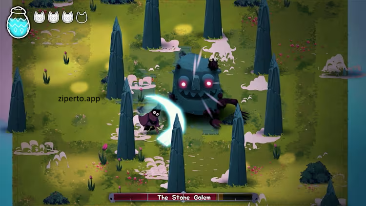 Crypt Custodian gameplay showing Pluto battling enemies with a magical broom, exploring colorful fantasy areas and uncovering hidden secrets.