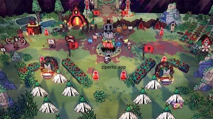 Cult of the Lamb gameplay featuring a cute lamb leading followers, exploring dungeons, and battling enemies in a dark fantasy world.