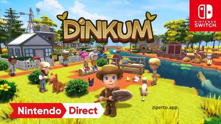 Dinkum gameplay featuring farming, town building, fishing, crafting, wildlife and colorful Australian-inspired island landscapes.