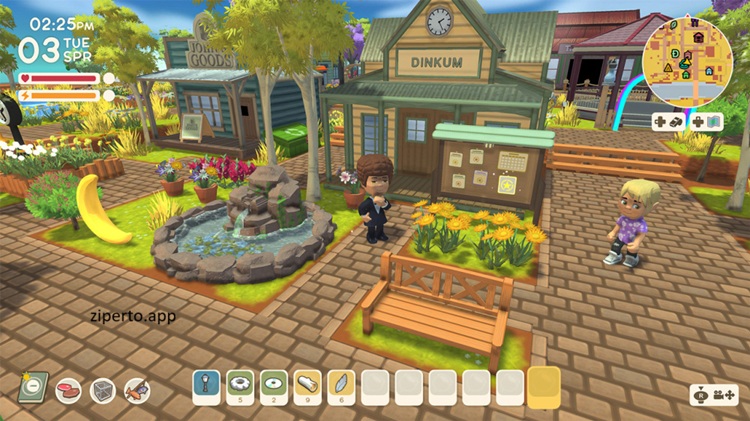 Dinkum gameplay featuring farming, town building, fishing, crafting, wildlife and colorful Australian-inspired island landscapes.