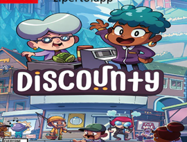 Discounty gameplay featuring a cozy supermarket, stocked shelves, colorful products, and a player managing a local store.