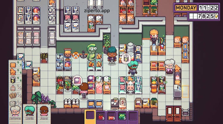 Discounty gameplay featuring a cozy supermarket, stocked shelves, colorful products, and a player managing a local store.