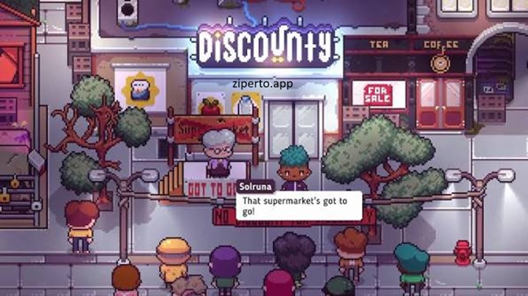 Discounty gameplay featuring a cozy supermarket, stocked shelves, colorful products, and a player managing a local store.