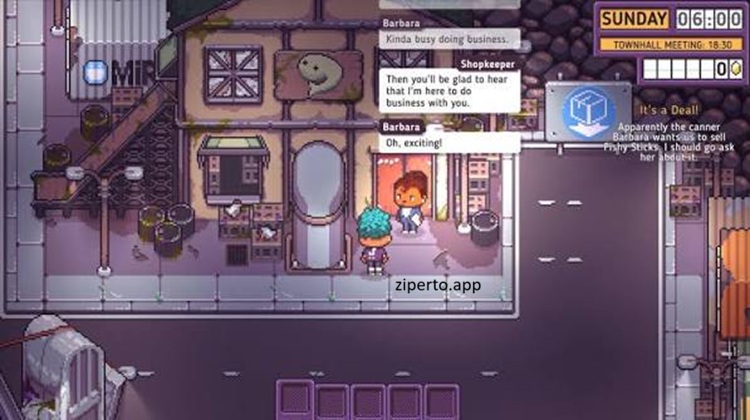 Discounty gameplay featuring a cozy supermarket, stocked shelves, colorful products, and a player managing a local store.