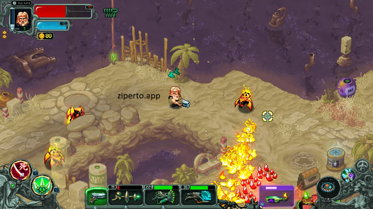 Doomsday Hunters gameplay showing fast twin-stick shooting, powerful weapons, mutant enemies and intense boss battles on Nintendo Switch.