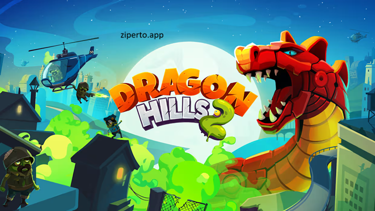 Dragon Hills 2 gameplay showing a giant dragon smashing through cities, battling zombies, robots, monsters, and explosive action on Nintendo Switch.