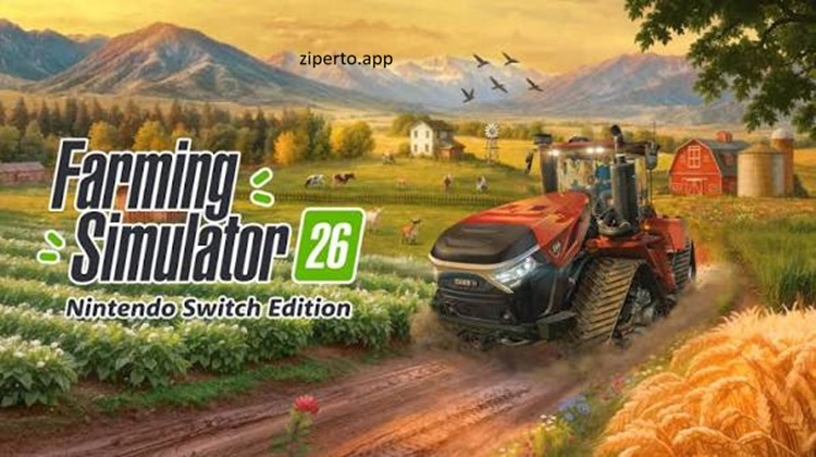 Farming Simulator 26 gameplay featuring a farmer driving a tractor across a large field with modern agricultural equipment.