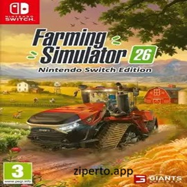 Farming Simulator 26 Nintendo Switch Edition gameplay featuring a farmer driving a tractor across a large field with modern agricultural equipment.