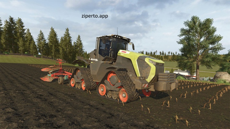 Farming Simulator 26 gameplay featuring a farmer driving a tractor across a large field with modern agricultural equipment.