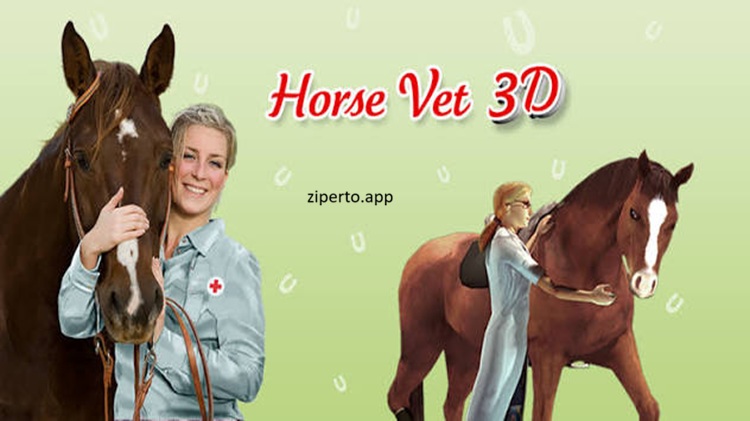Horse Vet 3D gameplay showing a colorful horse care environment with a player treating and examining a horse.
