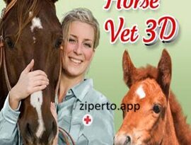 Horse Vet 3D gameplay showing a colorful horse care environment with a player treating and examining a horse.