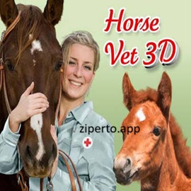 Horse Vet 3D gameplay showing a colorful horse care environment with a player treating and examining a horse.