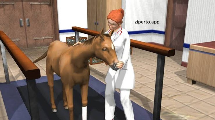 Horse Vet 3D gameplay showing a colorful horse care environment with a player treating and examining a horse.