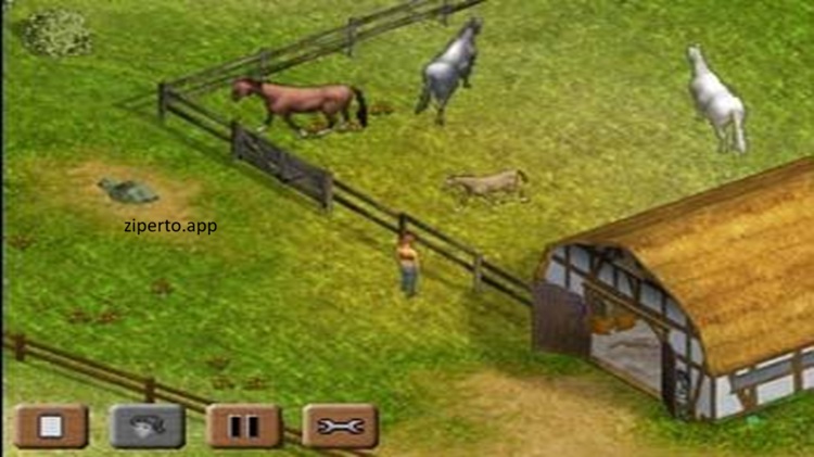 Horse Vet 3D gameplay showing a colorful horse care environment with a player treating and examining a horse.
