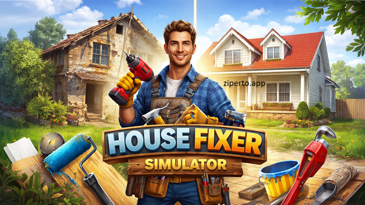 House Fixer Simulator gameplay featuring home renovation, interior decorating, wall painting, furniture placement and realistic house restoration.