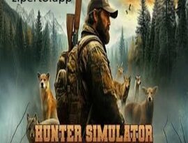 Hunter Simulator: Wild Hunting gameplay featuring a hunter exploring a wilderness area and tracking wildlife.