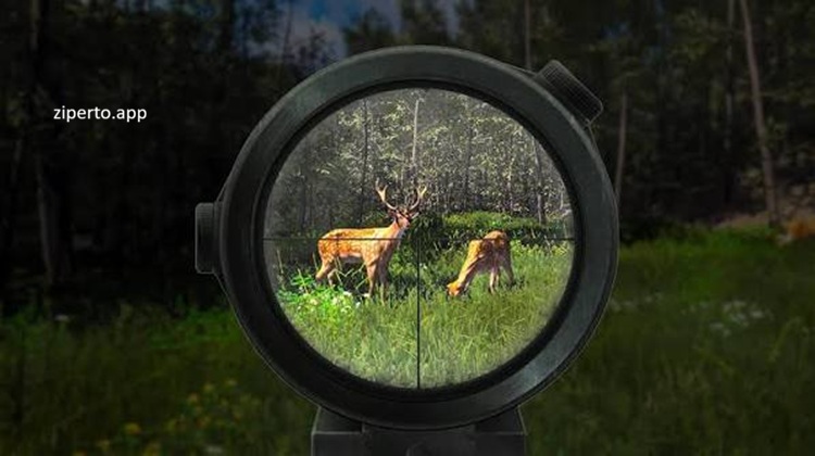 Hunter Simulator: Wild Hunting gameplay featuring a hunter exploring a wilderness area and tracking wildlife.
