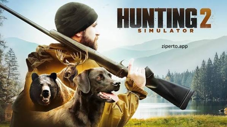 Hunting Simulator 2 gameplay featuring a hunter tracking wildlife through a realistic wilderness environment with a hunting dog.