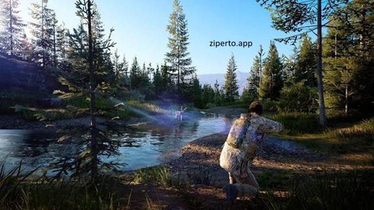 Hunting Simulator 2 gameplay featuring a hunter tracking wildlife through a realistic wilderness environment with a hunting dog.