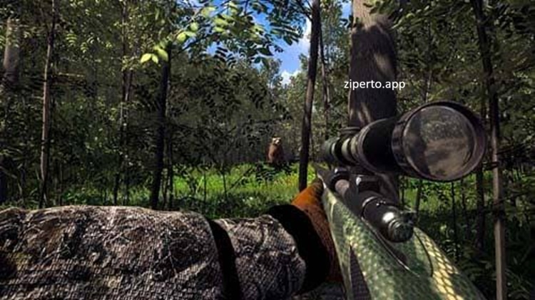 Hunter Simulator: Wild Hunting gameplay featuring a hunter exploring a wilderness area and tracking wildlife.