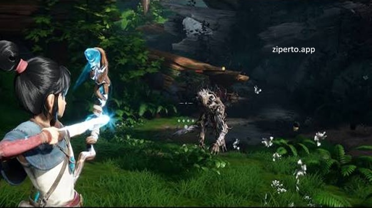 Kena: Bridge of Spirits gameplay featuring Kena and the Rot exploring a magical forest and battling dangerous enemies.