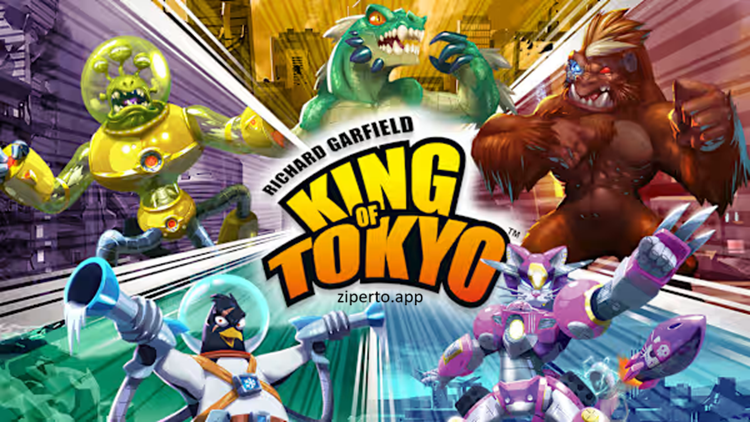 King of Tokyo – Richard Garfield gameplay showing giant monsters battling for Tokyo, rolling dice and competing for victory points.