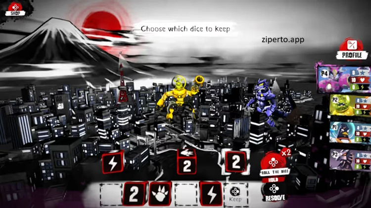 King of Tokyo gameplay showing giant monsters battling for Tokyo, rolling dice, using power cards, and competing for victory points.