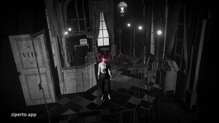 Lorelei and the Laser Eyes gameplay featuring monochrome puzzles, mysterious rooms, hidden clues and psychological mystery exploration.