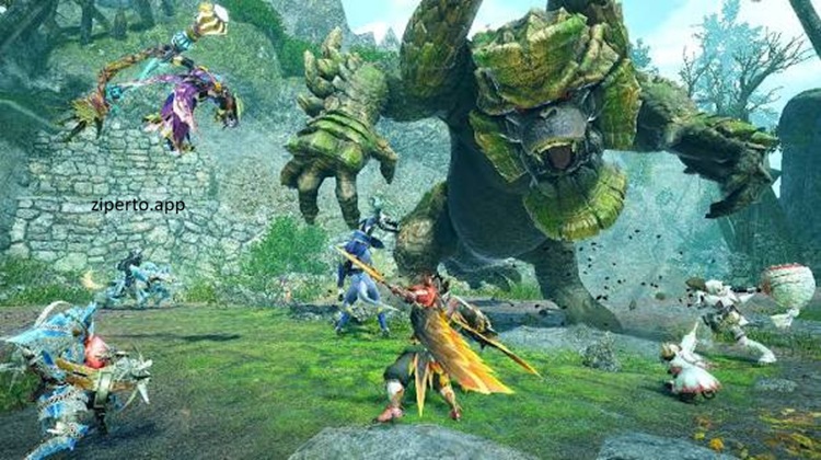 Monster Hunter Rise: Sunbreak gameplay featuring hunters battling giant monsters, fantasy environments, powerful weapons and action RPG combat.