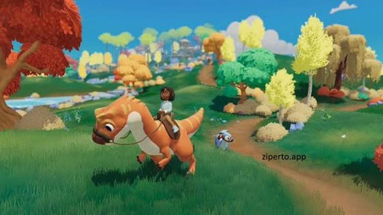 Paleo Pines gameplay featuring a cozy dinosaur ranch, colorful landscapes, friendly dinosaurs, and peaceful farming activities.
