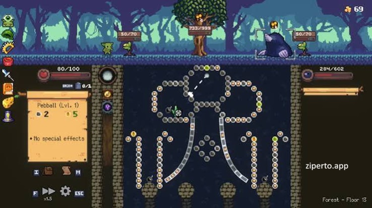 Peglin gameplay featuring magical orb attacks, pachinko-inspired combat, fantasy monsters and colorful pixel-art strategy battles.