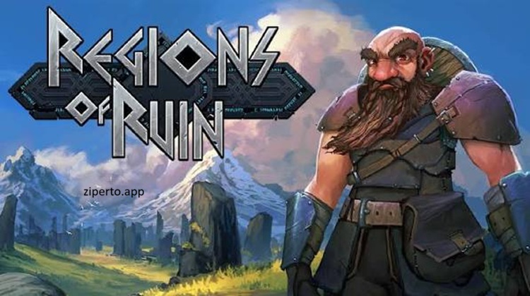 Regions of Ruin gameplay showing a dwarf warrior exploring a hand-drawn fantasy world and battling enemies among ancient ruins.