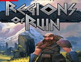 Regions of Ruin gameplay showing a dwarf warrior exploring a hand-drawn fantasy world and battling enemies among ancient ruins.