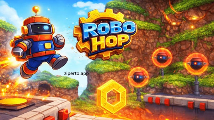 Robo Hop gameplay featuring a small robot jumping avoiding hazards, collecting upgrades and exploring colorful sci-fi levels.