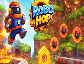Robo Hop gameplay featuring a small robot jumping avoiding hazards, collecting upgrades and exploring colorful sci-fi levels.