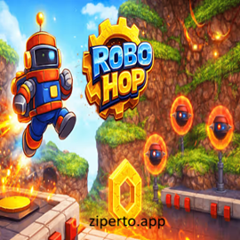 Robo Hop gameplay featuring a small robot jumping avoiding hazards, collecting upgrades and exploring colorful sci-fi levels.